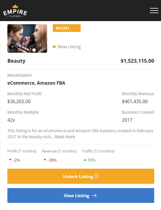 Empire Flippers Marketplace Listing
