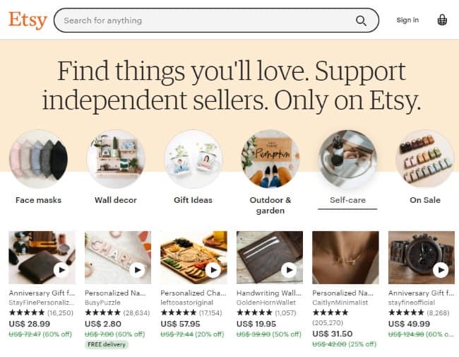 Etsy Home Page