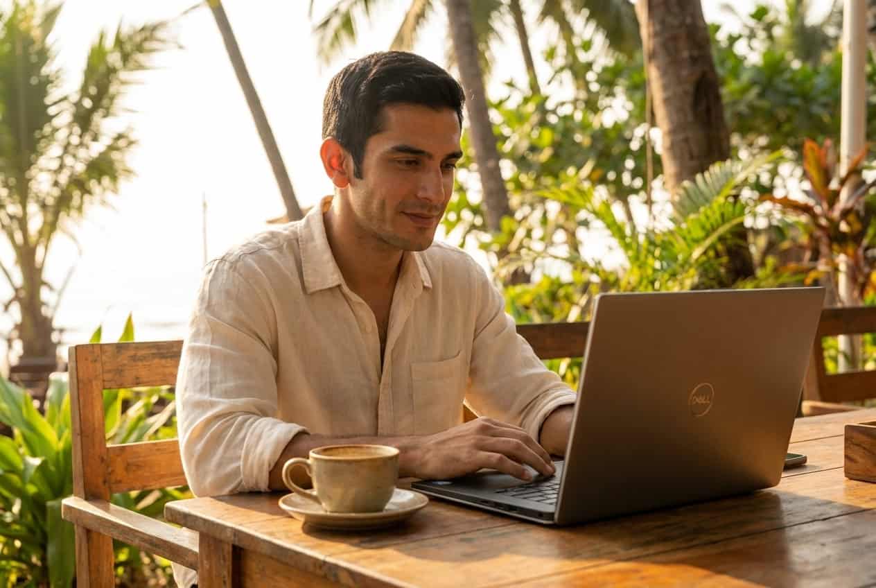 Arjun Menon Working In Laptop From A Cafe Arjun Menon Working In Laptop From A Cafe