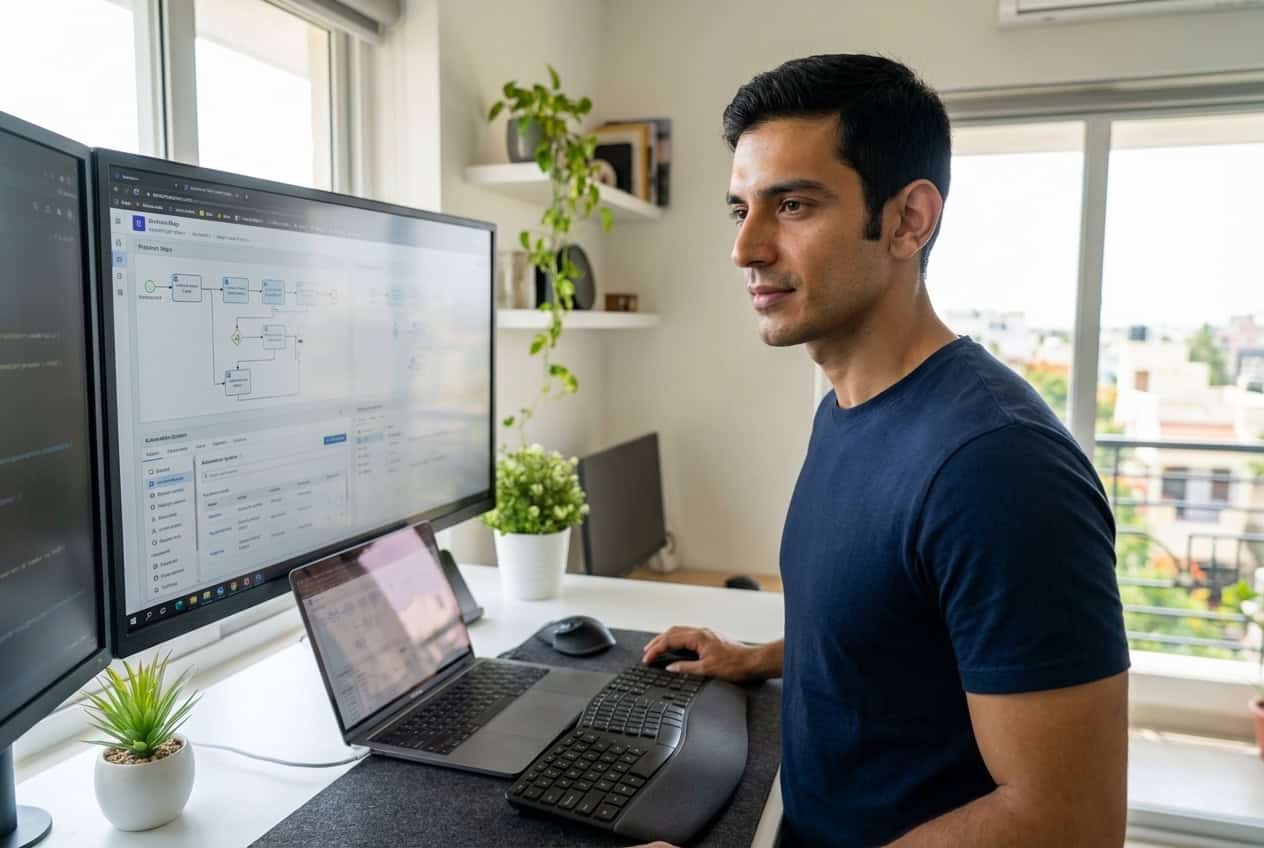 Arjun Menon Working On A Dual Screen Monitor Arjun Menon Working On A Dual Screen Monitor