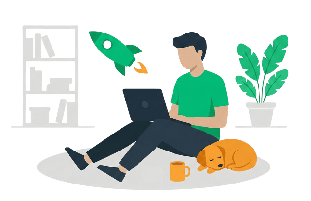 Solopreneur Launching Online Business From Laptop Person sitting with laptop in home office environment with launching rocket, coffee mug, sleeping dog, bookshelf, and house plant illustrating work-from-home online business lifestyle. Decorative image.
