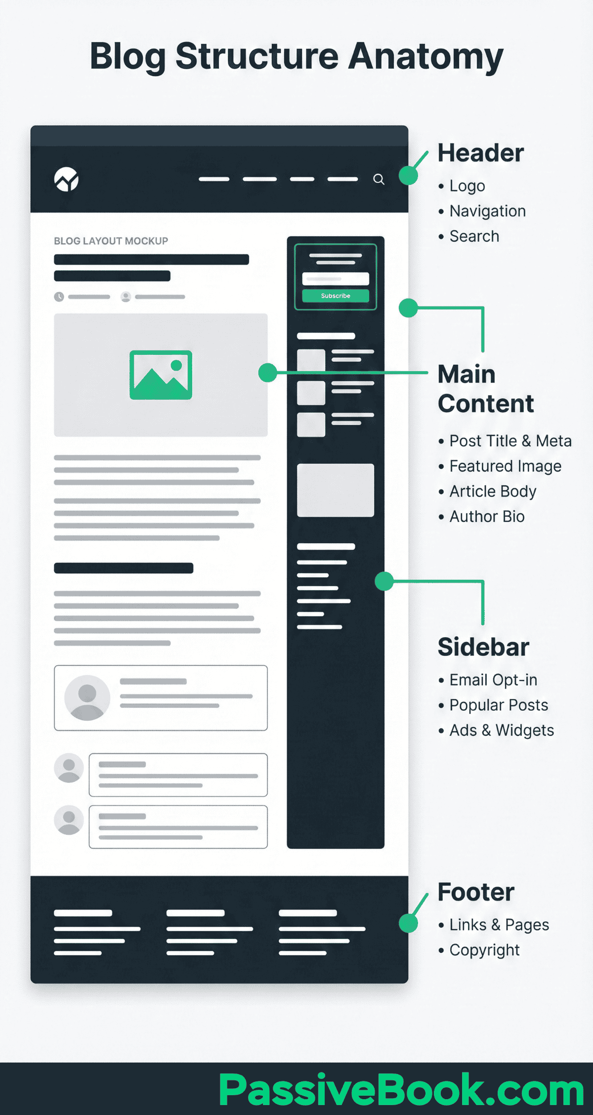 Blog Structure Diagram Outlining The Structure Of A Blog, Including Header (Logo, Navigation), Blog Content (Title, Content, Comments), Sidebar (Opt-In, Social, Ads), And Footer (Legal Pages).