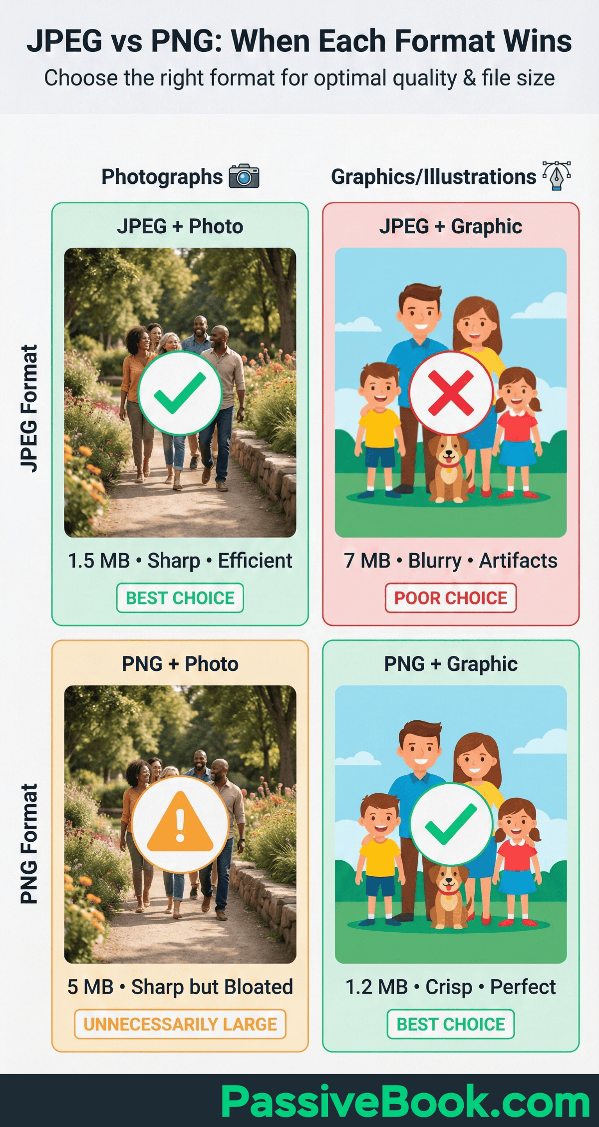 Jpeg Vs Png Comparison Demonstrating Optimal File Types For Images: Two Scenes Of People Enjoying A Meal Are Shown In Jpeg Format With Different File Sizes, And Two Illustrations Of A Family Are Shown In Jpeg And Png Formats, Also With Varying File Sizes. The Jpegs Of The Meal Scene Have Thumbs Up And Thumbs Down Symbols, While The Family Illustrations Also Have Thumbs Up And Down Symbols.